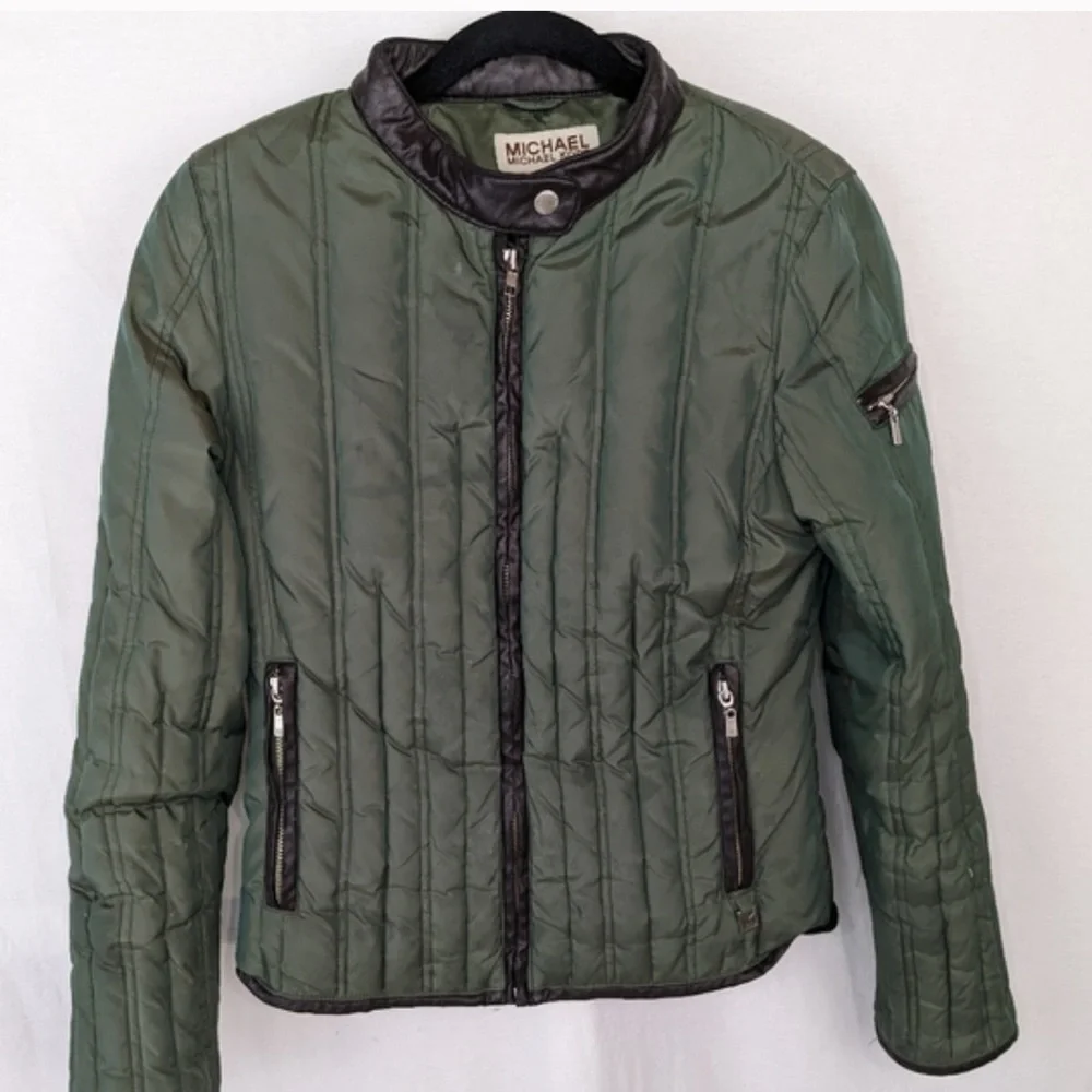 Michael Kors Olive Green Quilted Jacket with Faux Leather Detailing